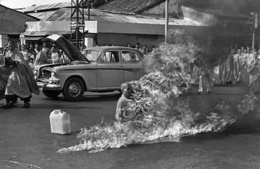 Quang Duc, a Buddhist monk, burns himself to death on a Saigon street June 11, 1963 to protest alleged persecution of Buddhists by the South Vietnamese government. (AP Photo/Malcolm Browne)